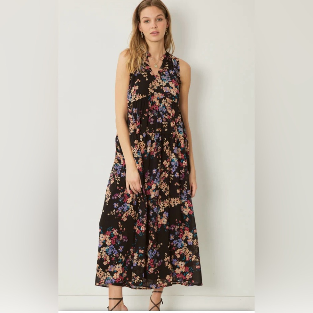 ENTRO Black Floral Lined Maxi Dress Large NWT